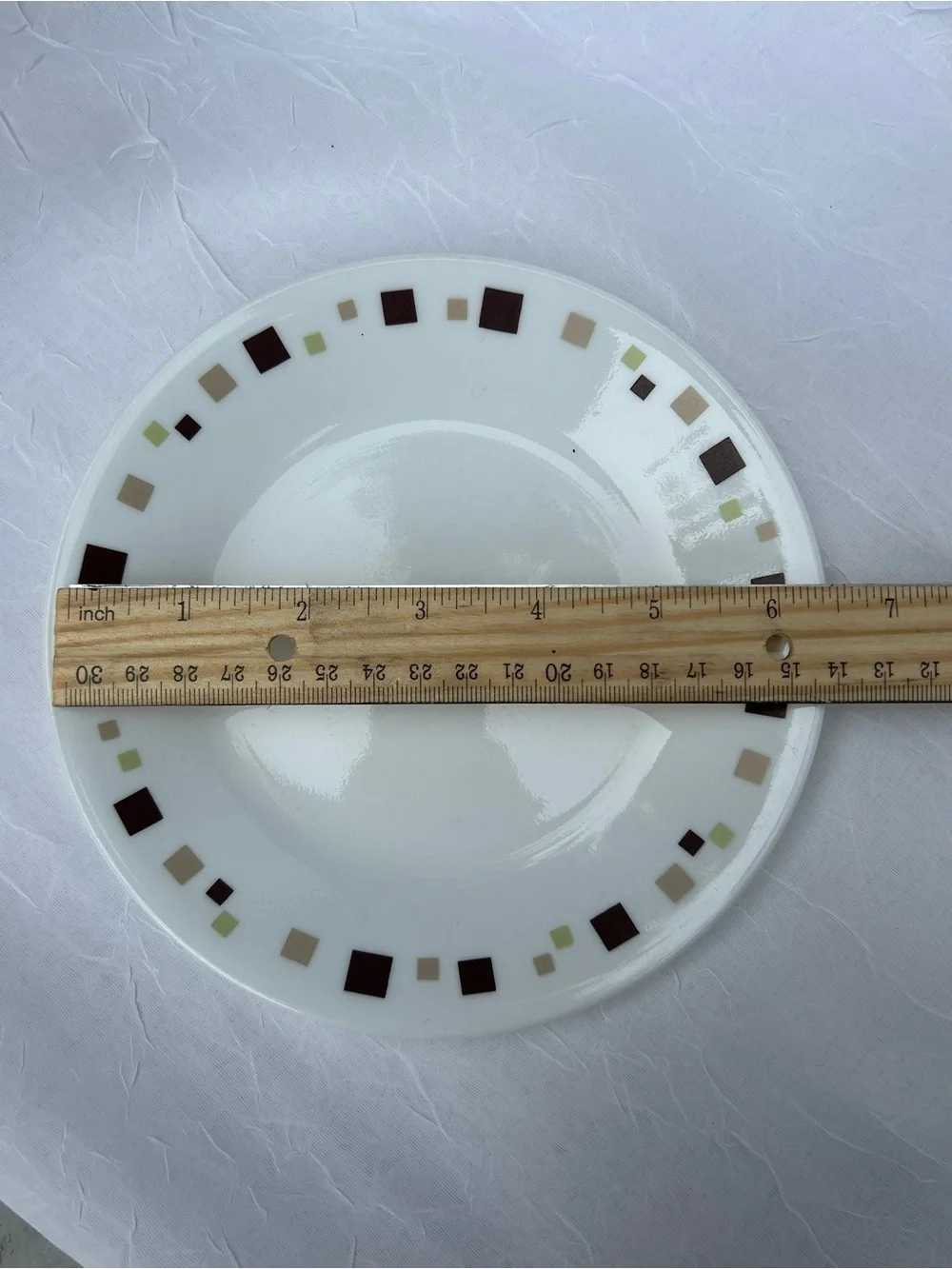 Corelle White Dinner Plates with Brown and Olive Square Accent